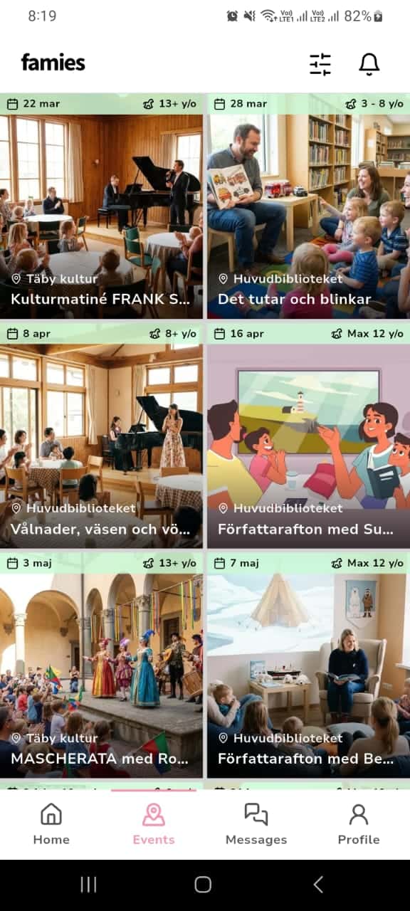 Famies app, hem-flöde med evenemang nära dig