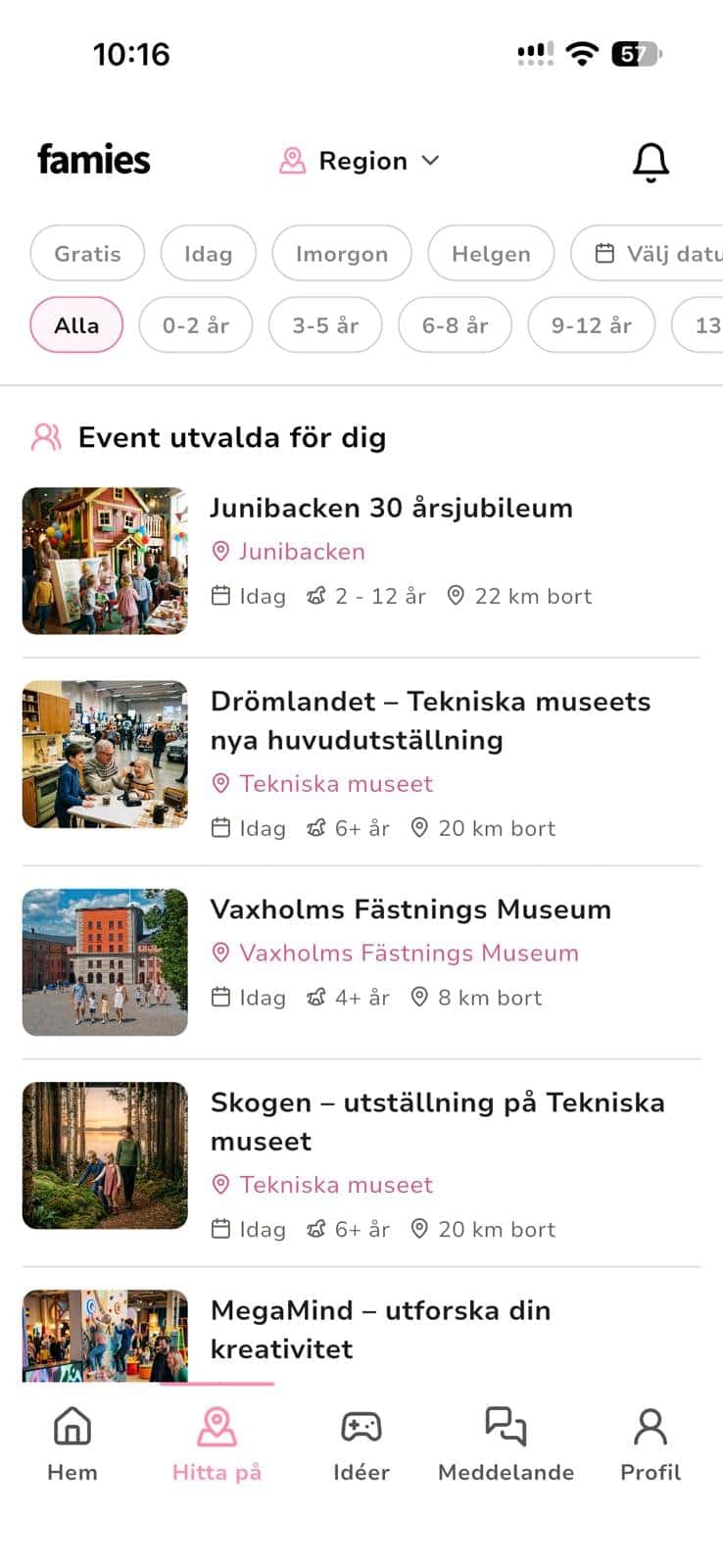 Famies app, hem-flöde med evenemang nära dig