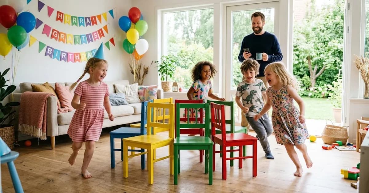 Barn leker hela havet stormar på ett barnkalas med ballonger och girlanger