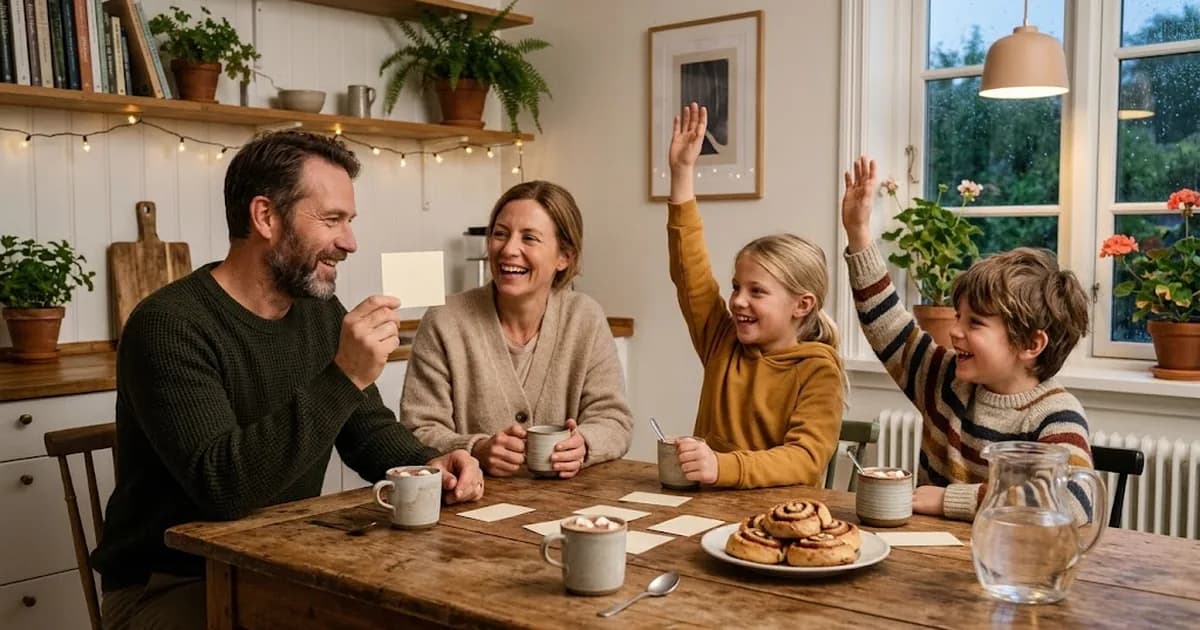 Familj har frågesport vid köksbordet och barnen räcker upp handen för att svara