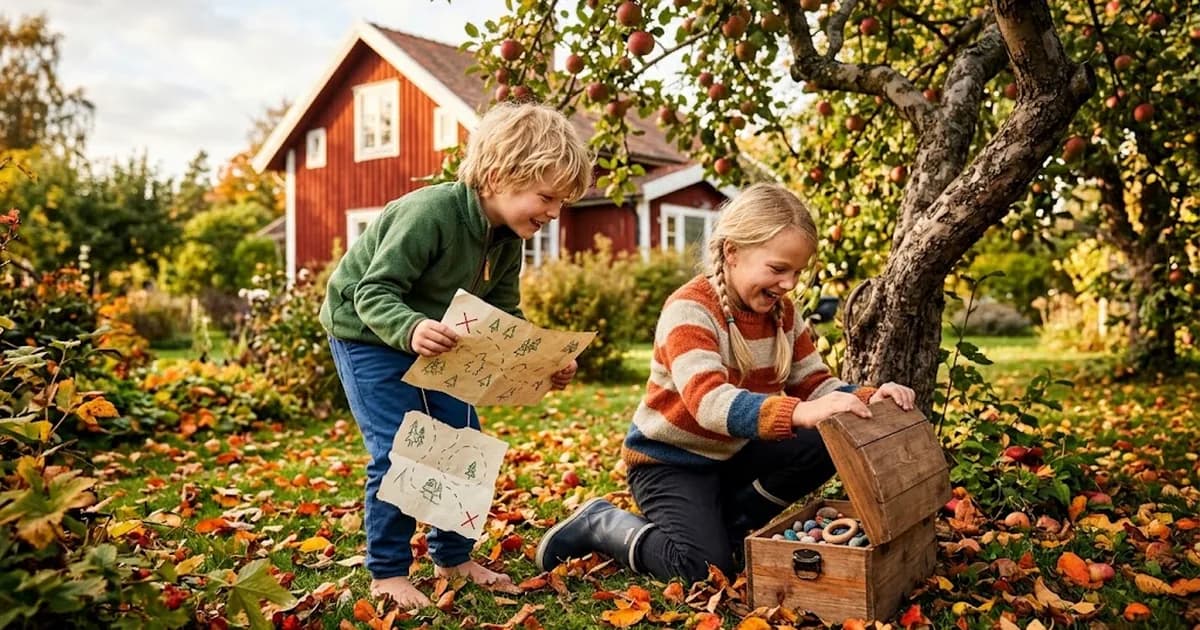 Två barn på skattjakt i trädgården hittar en skattkista under ett äppelträd