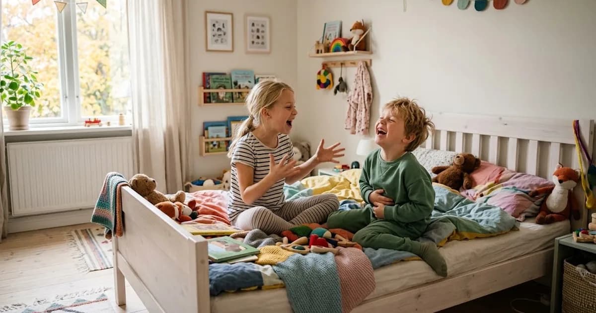 Två syskon skrattar på sängen medan det äldre barnet berättar ett skämt