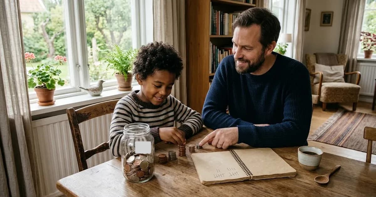 Pojke räknar mynt från en burk tillsammans med sin pappa vid köksbordet