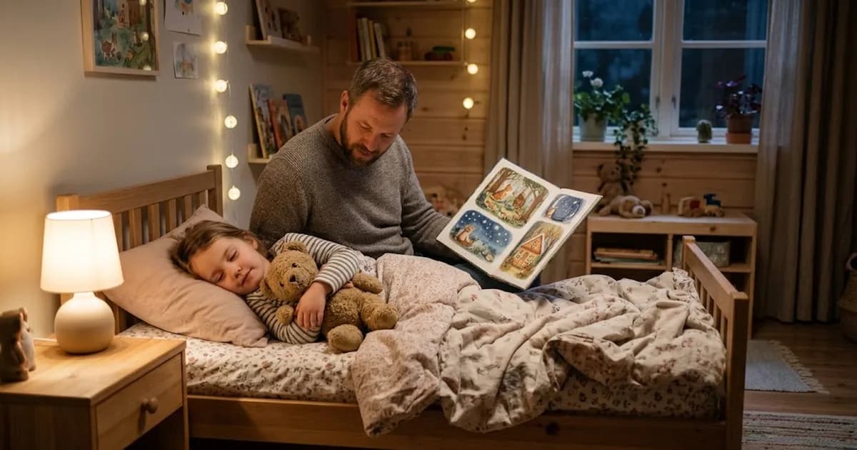 Pappa läser en godnattsaga för en sömnig flicka med nalle i sängen