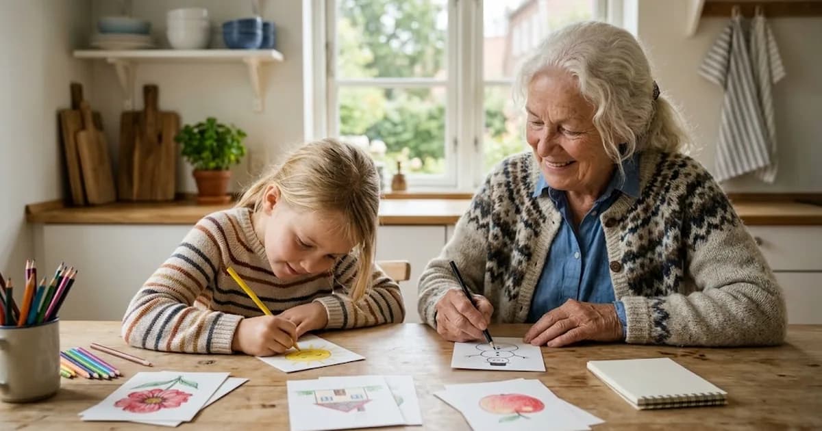 Flicka och mormor ritar bildgåtor tillsammans vid köksbordet