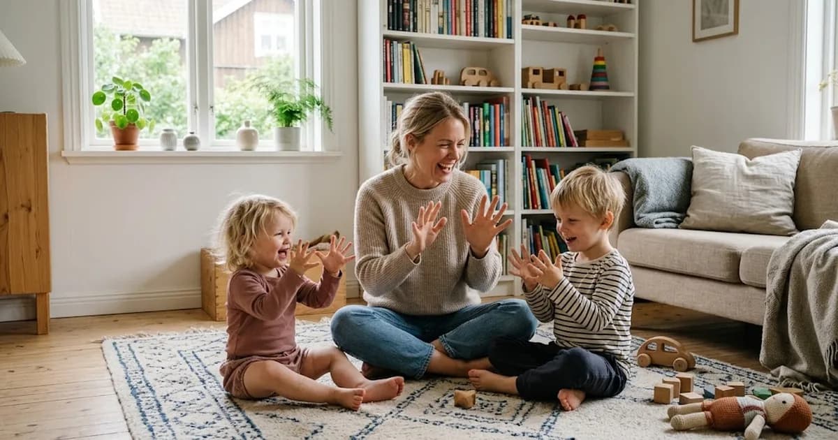 Mamma och två små barn gör en fingerramsa tillsammans på vardagsrumsgolvet