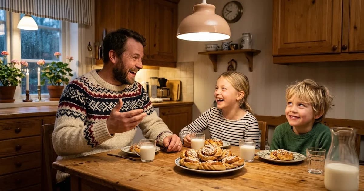 Pappa drar ett skämt vid köksbordet medan två barn skrattar över kanelbullar och mjölk