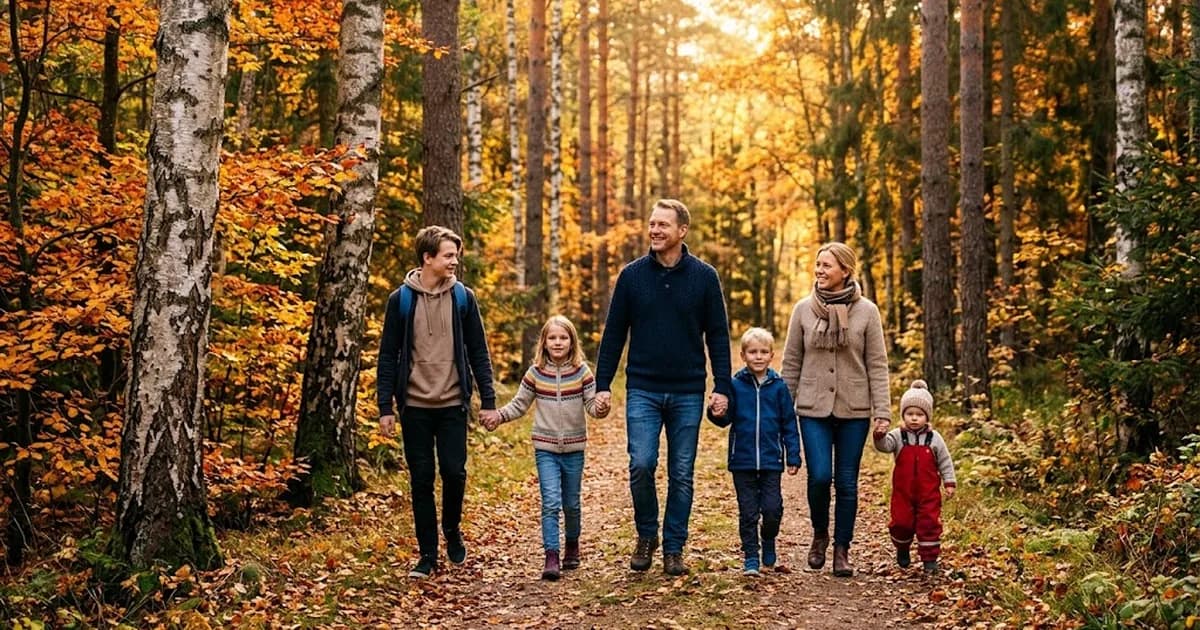En familj med två föräldrar och fyra barn går hand i hand på en skogsstig i höstfärger