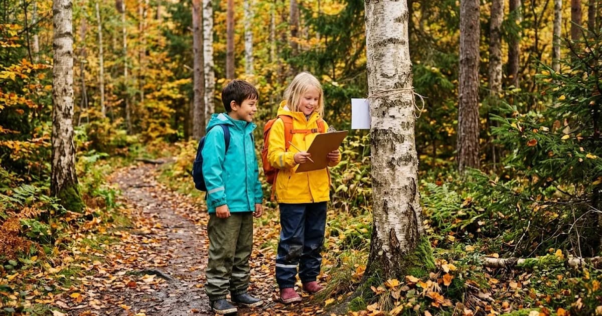 Två barn i regnjackor läser en frågelapp på en björk under en tipspromenad i höstskogen