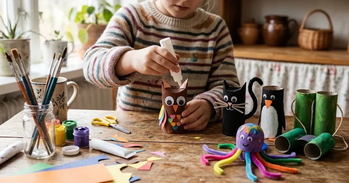 Ett barn limmar öron på en uggla av toarulle bredvid en katt, en pingvin, en bläckfisk och en kikare av toarullar