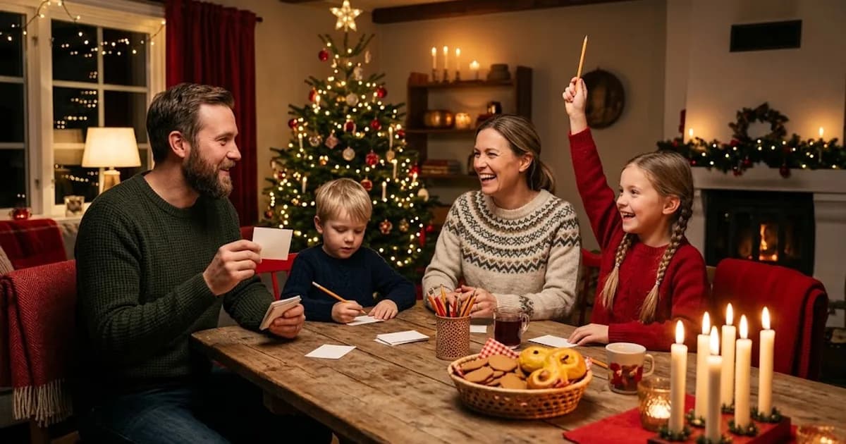 En familj spelar julquiz vid bordet framför julgranen och en flicka räcker upp handen