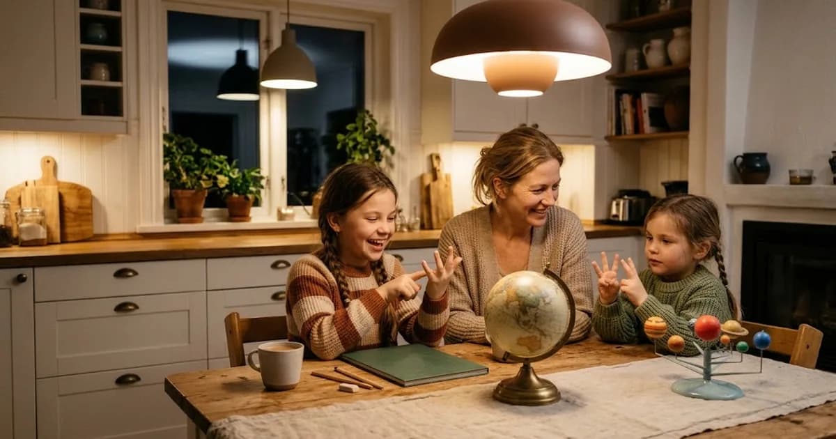 En förälder hjälper två barn med läxorna vid köksbordet, och ett barn räknar på fingrarna bredvid en jordglob och en modell av solsystemet