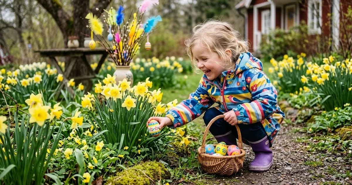Ett barn hittar ett gömt påskägg bland påskliljor i trädgården under en äggjakt