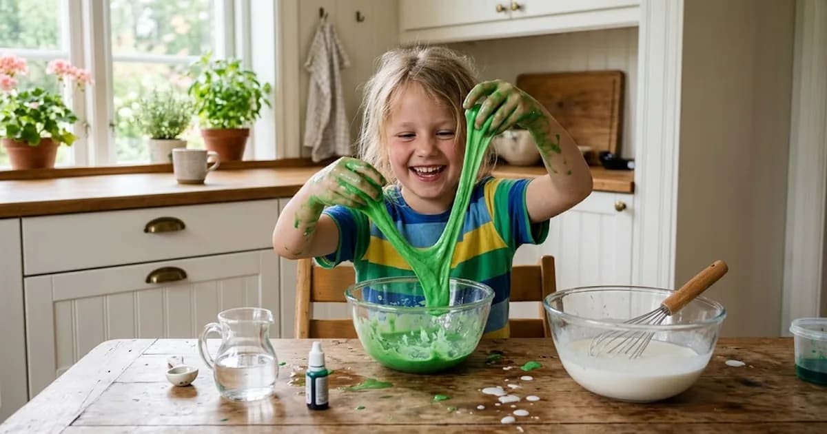 Ett barn sträcker ut hemmagjort grönt slime över en skål i köket