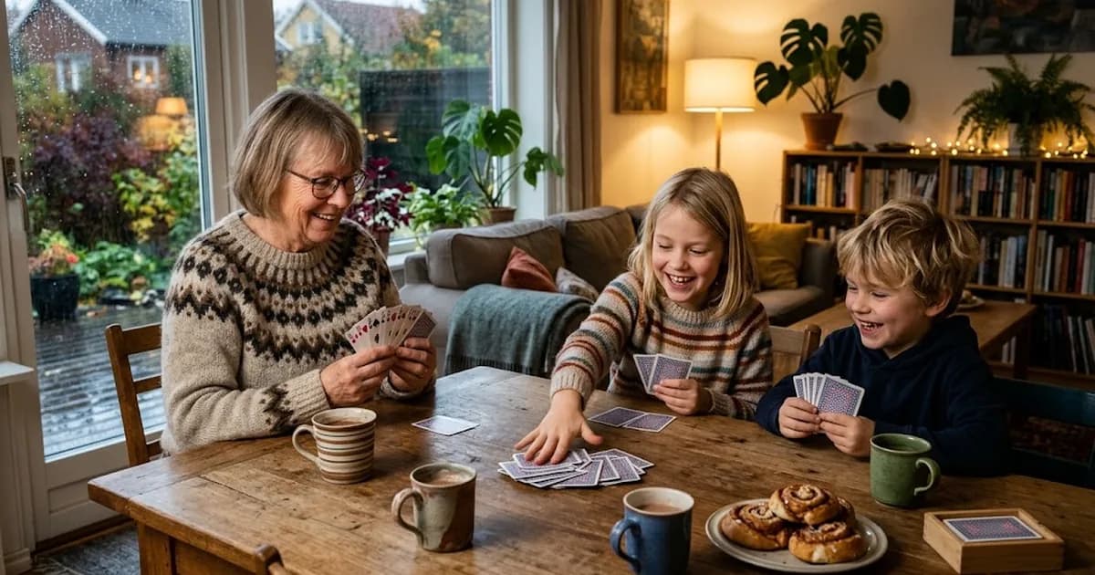En mormor och två barn spelar kort vid köksbordet och ett barn slår handen på korthögen