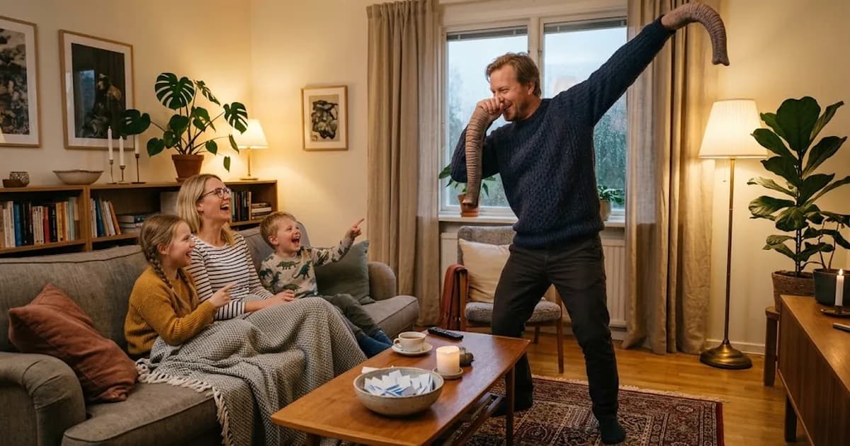 En pappa mimar en elefant med armen som snabel medan barn och mamma gissar och skrattar i soffan
