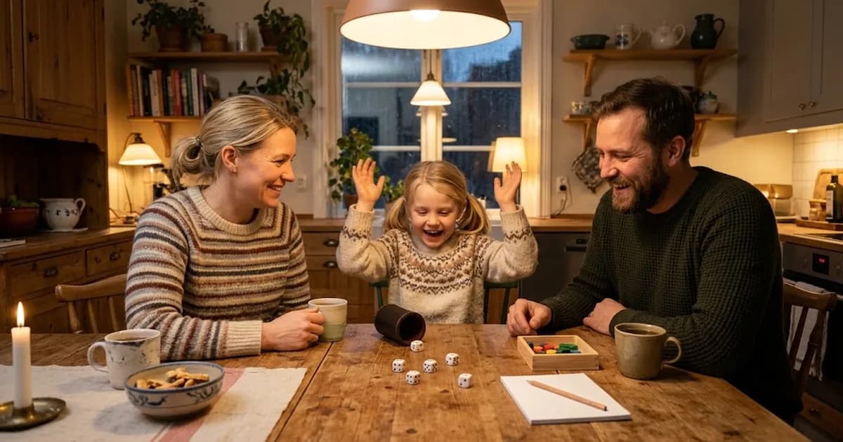 En flicka jublar efter att ha slagit tärningar vid köksbordet medan mamma och pappa skrattar