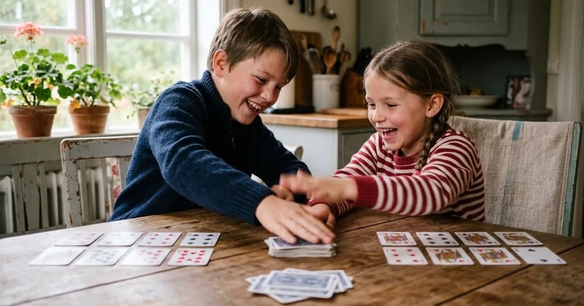 Två barn spelar kortspelet Stress vid ett köksbord och lägger snabbt kort på högarna i mitten