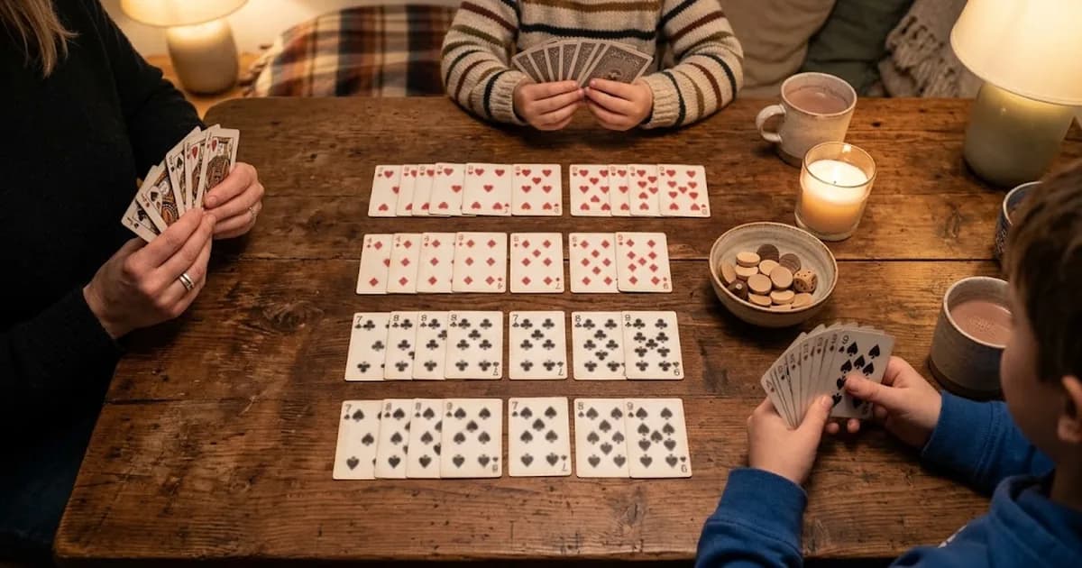 En familj spelar Sjuan och bygger rader av spelkort i fyra färger på bordet