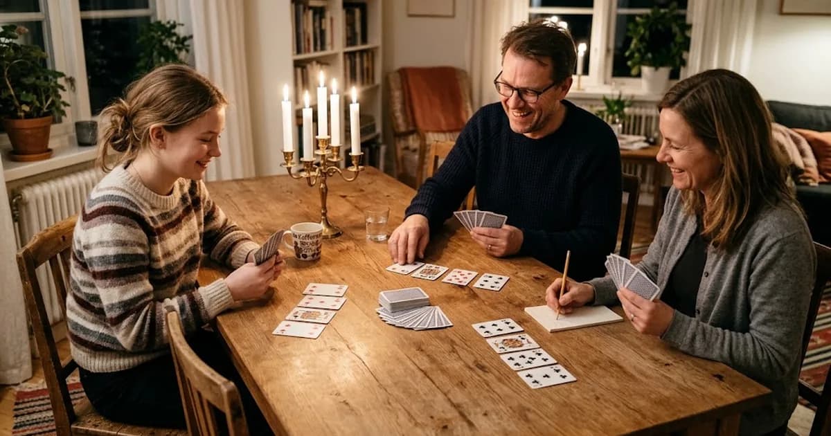 Två vuxna och en tonåring spelar kortspelet 500 med utlagda serier av kort på bordet
