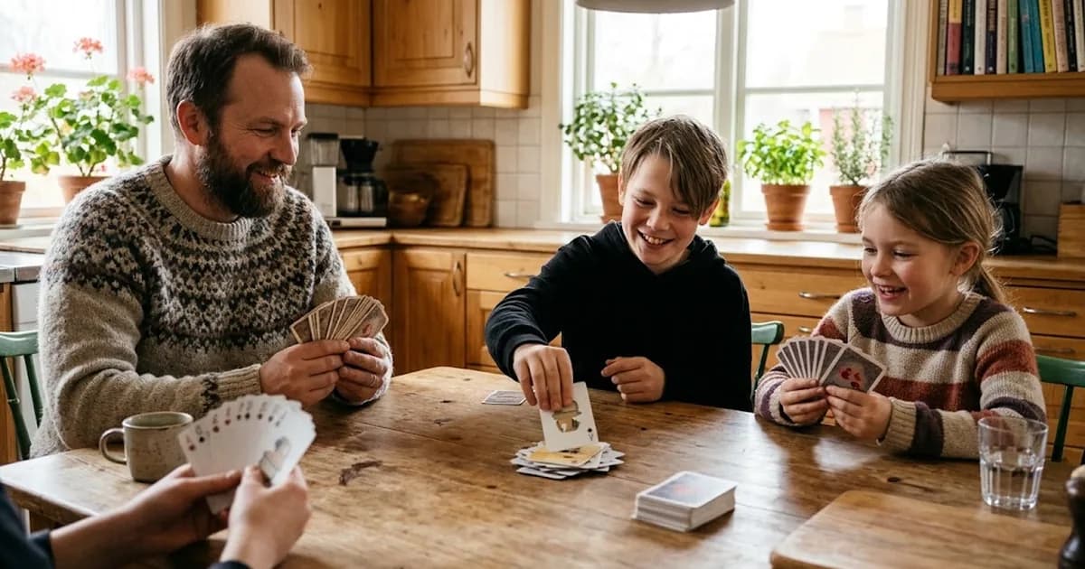En pappa och två barn spelar Skitgubbe vid köksbordet och ett barn lägger ett kort på högen