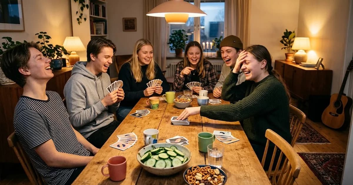 Sex vänner skrattar runt ett långt bord när någon lägger sista kortet i kortspelet Gurka