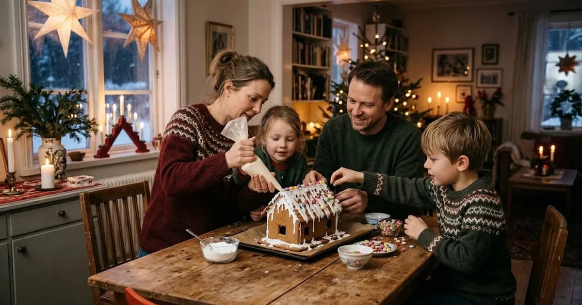 En familj dekorerar ett hembakat pepparkakshus med vit kristyr vid köksbordet i levande ljus