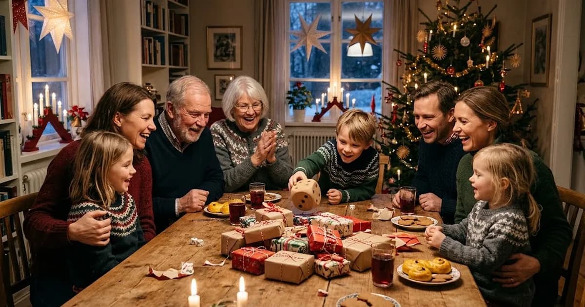 Tre generationer skrattar runt ett bord med inslagna paket medan ett barn slår tärning i julklappsspelet