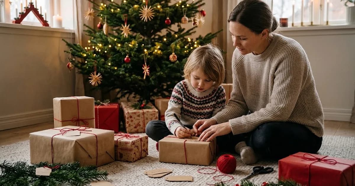 En mamma och ett barn sitter vid julgranen och knyter lappar på inslagna julklappar